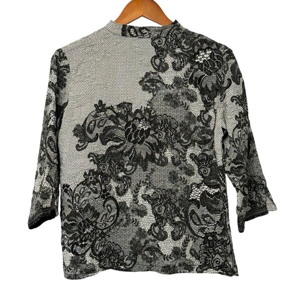 Citron Oriental Love Silk Blend Blouse Lace Like Print Black Gray 3/4 Slv Size S - Picture 5 of 9